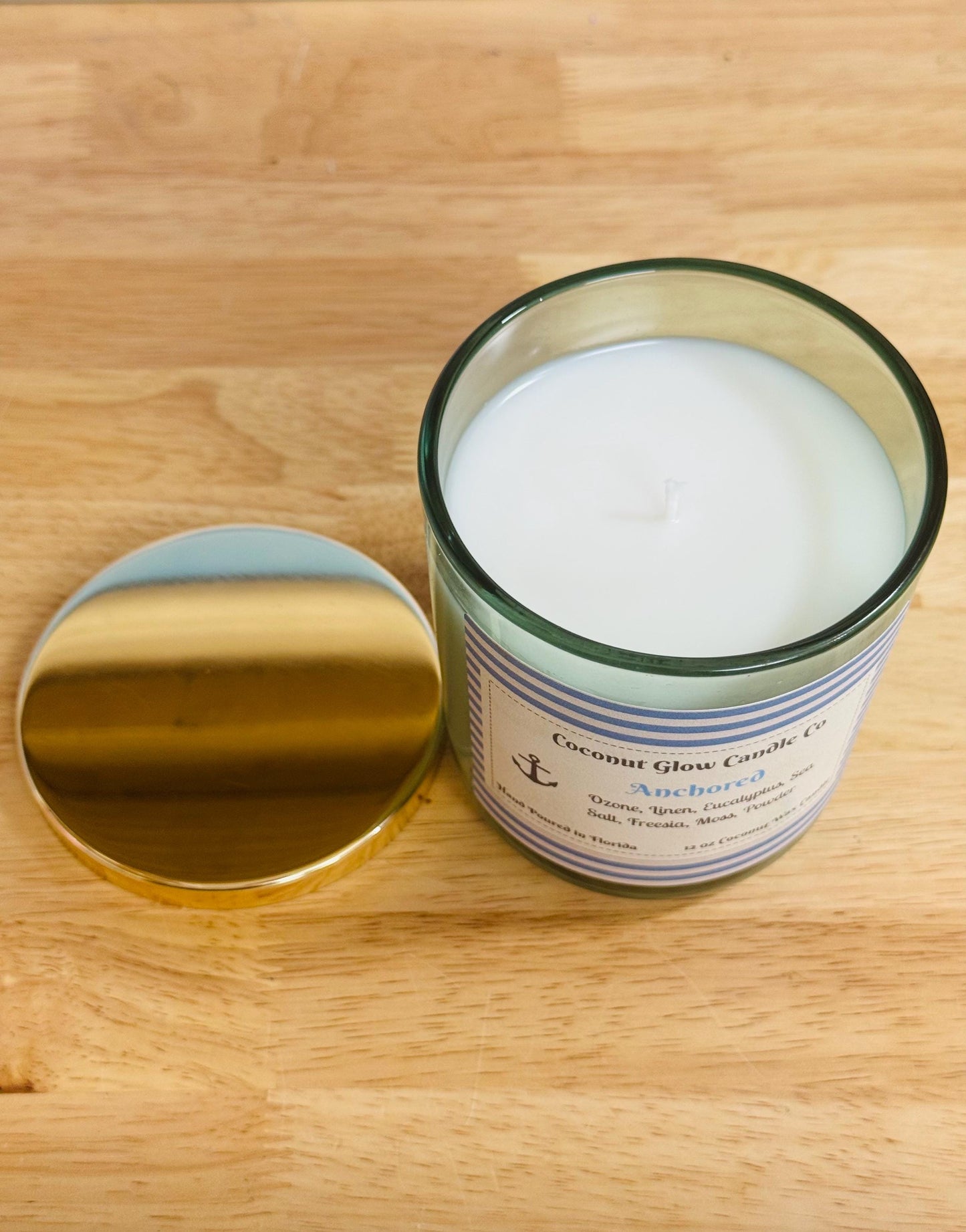 Anchored, Ozone Linen Sea Salt Candle, Fresh Coastal Scent, Eucalyptus Freesia Moss, Nautical Home Decor, Cotton Wick, Handmade in Florida