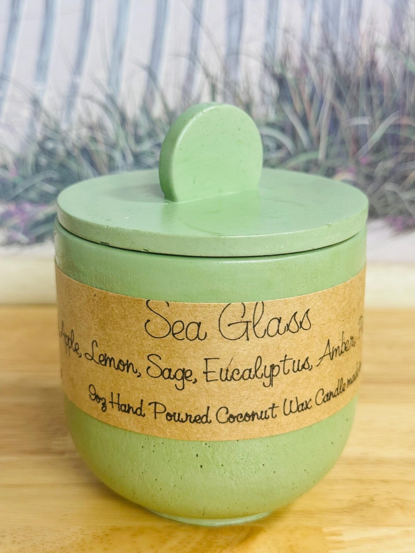 Sea Glass Candle, Ozone Apple Lemon Scent, Sage Eucalyptus Amber Candle, Coastal Home Decor, Wood Wick Coconut Wax Candle, Concrete Candle
