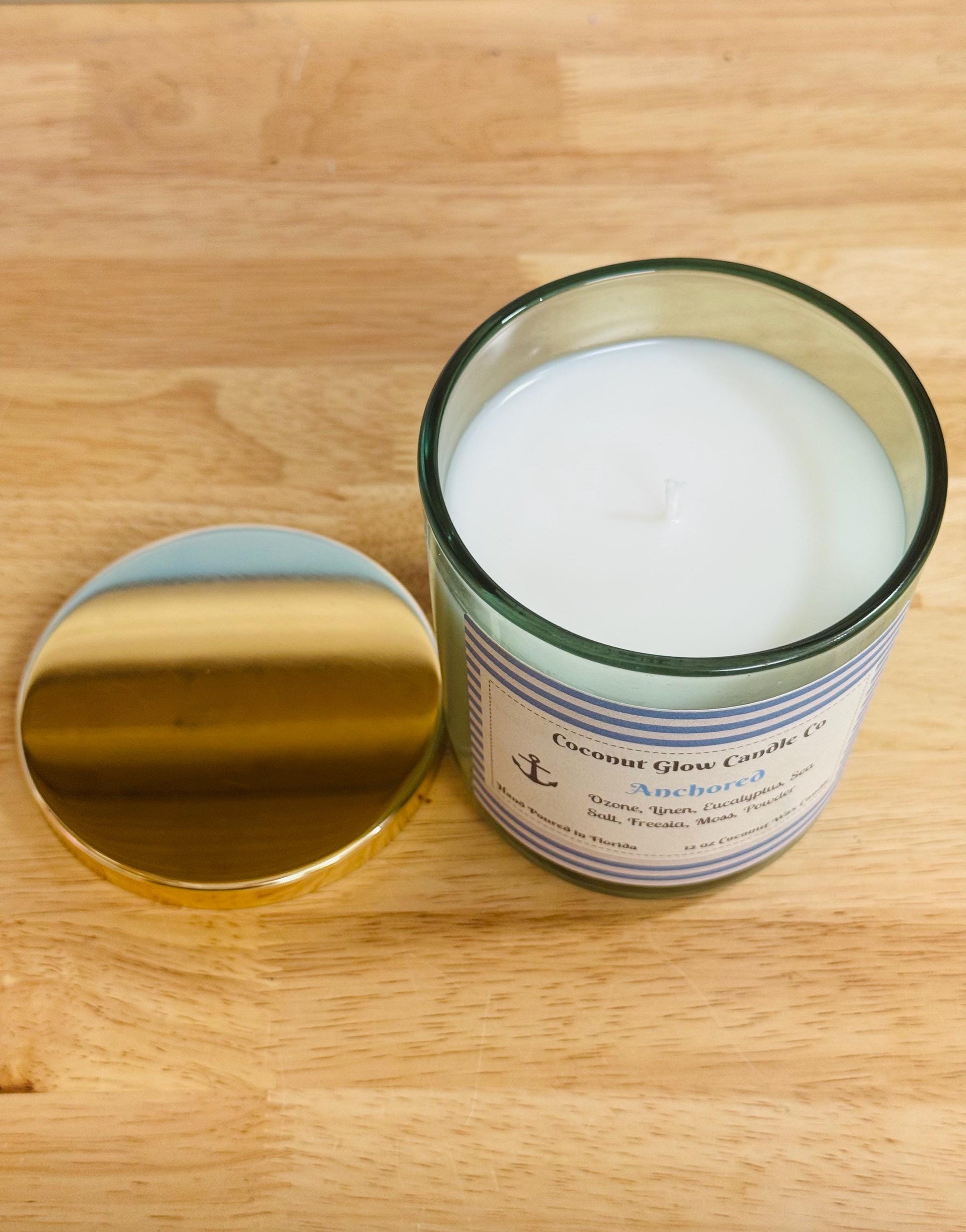 Anchored, Ozone Linen Sea Salt Candle, Fresh Coastal Scent, Eucalyptus Freesia Moss, Nautical Home Decor, Cotton Wick, Handmade in Florida