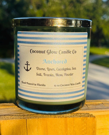 Anchored, Ozone Linen Sea Salt Candle, Fresh Coastal Scent, Eucalyptus Freesia Moss, Nautical Home Decor, Cotton Wick, Handmade in Florida