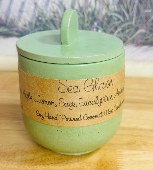 Sea Glass Candle, Ozone Apple Lemon Scent, Sage Eucalyptus Amber Candle, Coastal Home Decor, Wood Wick Coconut Wax Candle, Concrete Candle