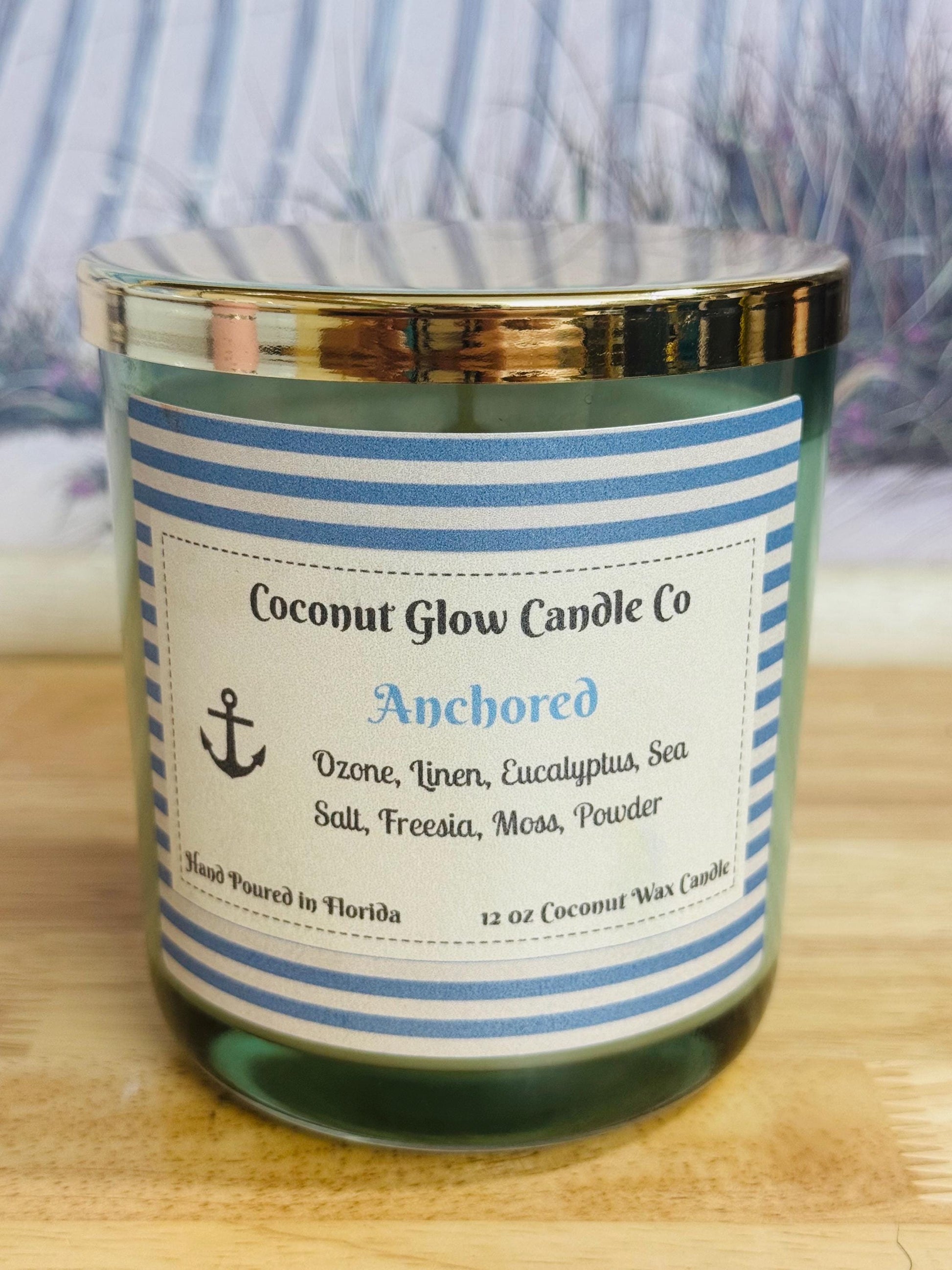 Anchored, Ozone Linen Sea Salt Candle, Fresh Coastal Scent, Eucalyptus Freesia Moss, Nautical Home Decor, Cotton Wick, Handmade in Florida