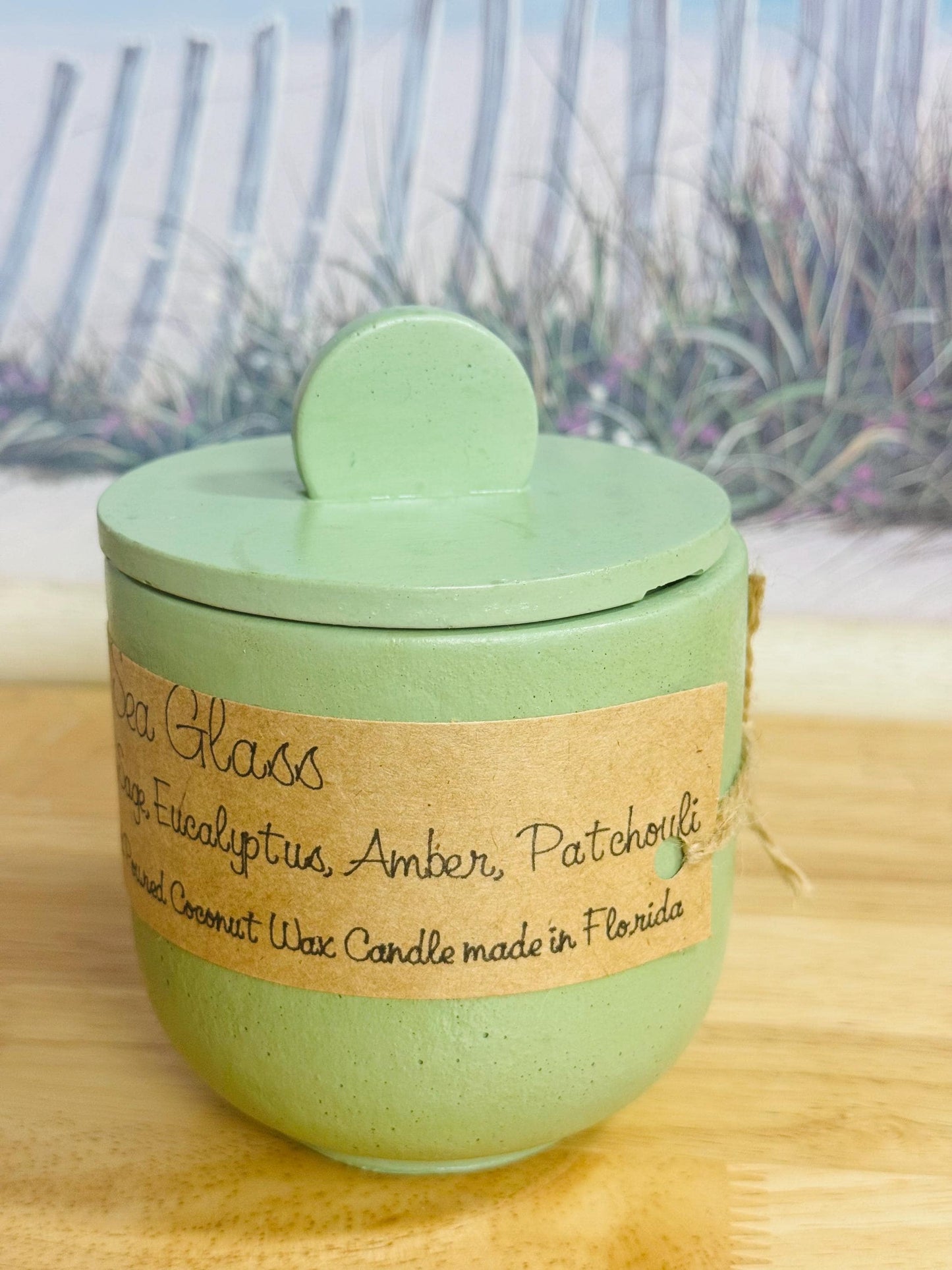 Sea Glass Candle, Ozone Apple Lemon Scent, Sage Eucalyptus Amber Candle, Coastal Home Decor, Wood Wick Coconut Wax Candle, Concrete Candle