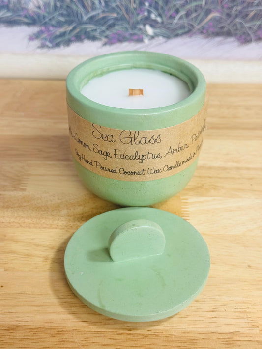 Sea Glass Candle, Ozone Apple Lemon Scent, Sage Eucalyptus Amber Candle, Coastal Home Decor, Wood Wick Coconut Wax Candle, Concrete Candle